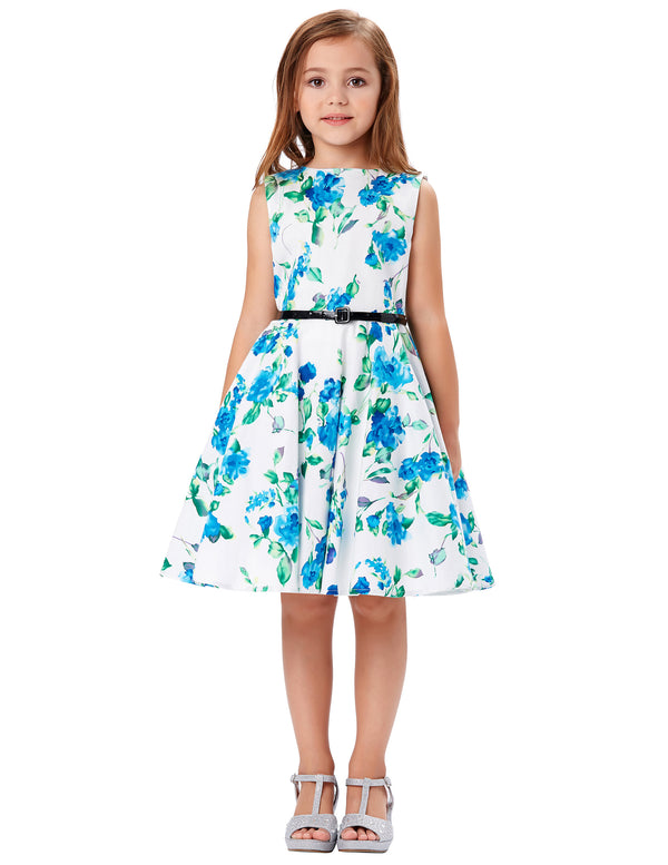 Kate Aspen Girls Sleeveless Round Neck Vintage Retro Cotton Floral Dress