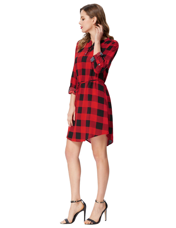 Kate Aspen Grid Pattern Comfy Roll-up Sleeves V-Neck Cotton Shirt Dress