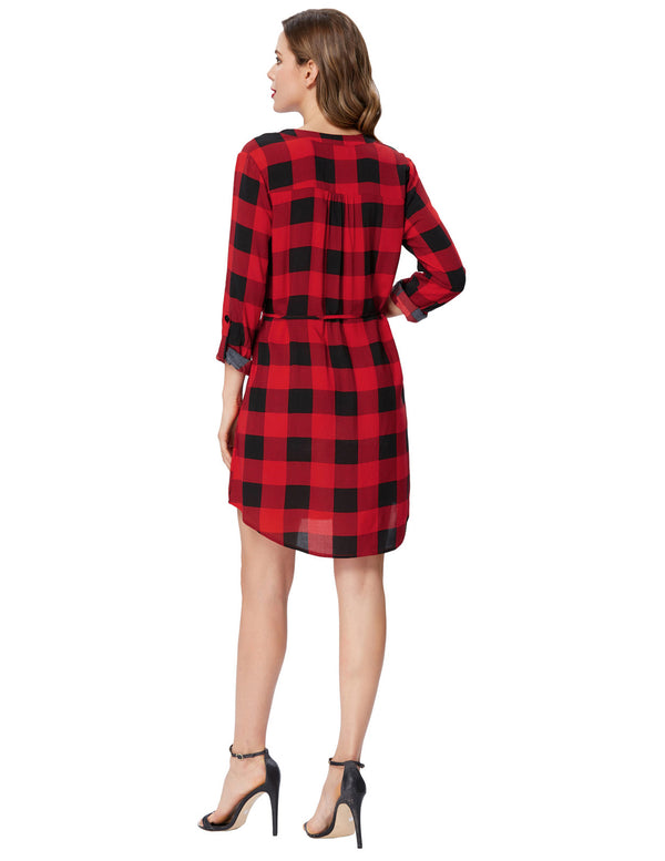 Kate Aspen Grid Pattern Comfy Roll-up Sleeves V-Neck Cotton Shirt Dress