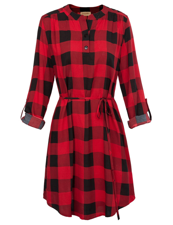 Kate Aspen Grid Pattern Comfy Roll-up Sleeves V-Neck Cotton Shirt Dress