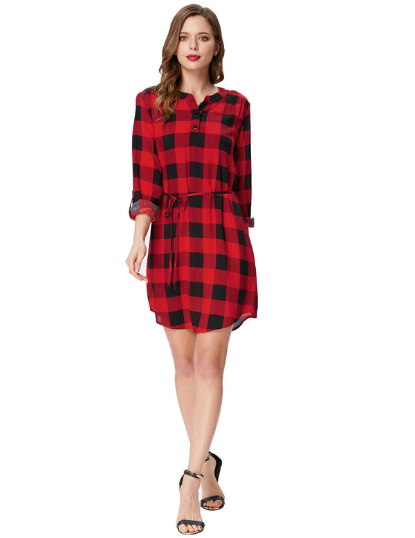 kate aspen Grid Pattern Comfy Roll-up Sleeves V-Neck Cotton Shirt Dress
