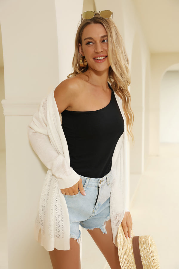 Kate Aspen Hollowed-out Cardigan Sweater Long Sleeve Open Front Mid-Thigh Knitwear