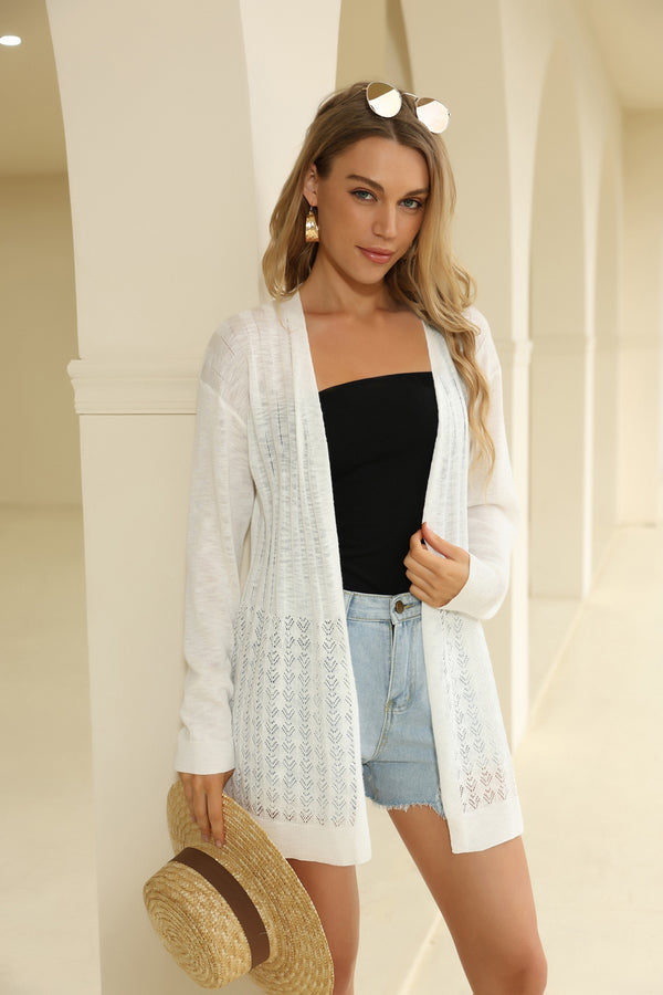 kate aspen Hollowed-out Cardigan Sweater Long Sleeve Open Front Mid-Thigh Knitwear
