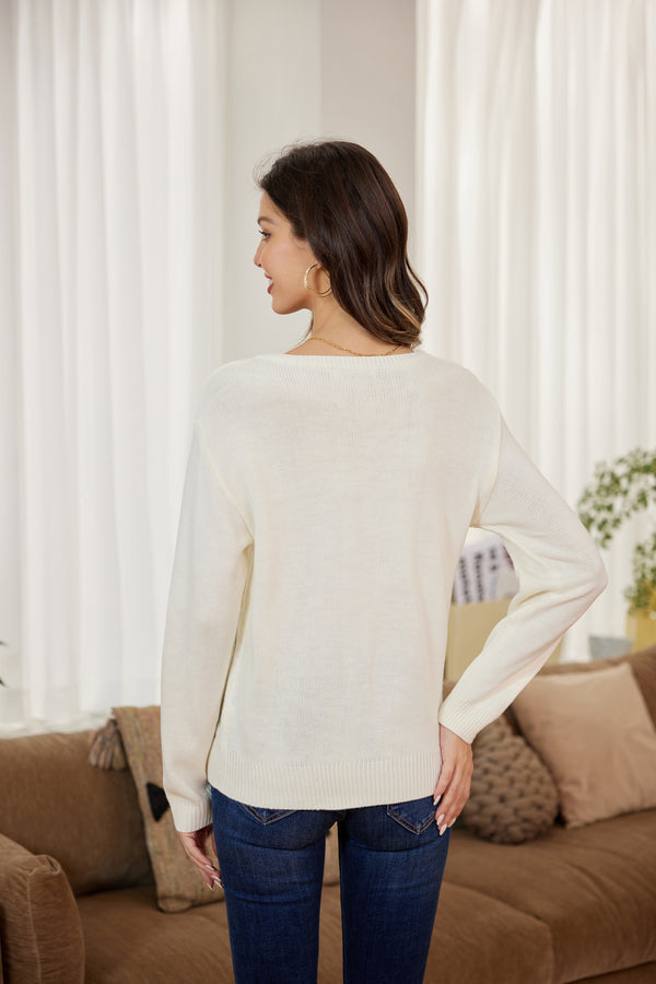 Kate Aspen Hollowed-out Sweater Long Sleeve Dropped Shoulder V-Neck Pullover