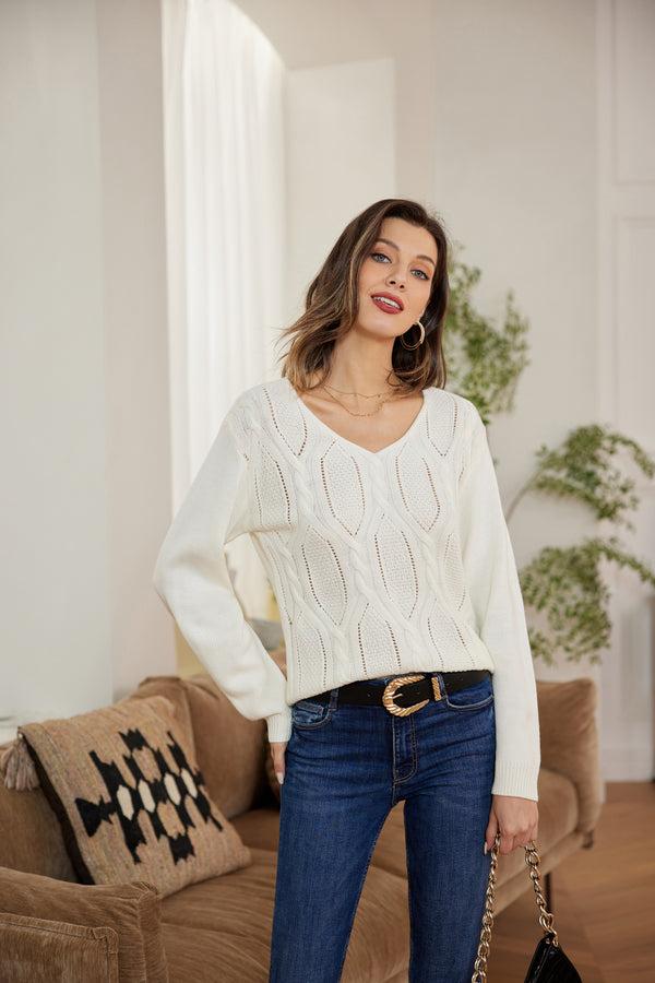 Kate Aspen Hollowed-out Sweater Long Sleeve Dropped Shoulder V-Neck Pullover