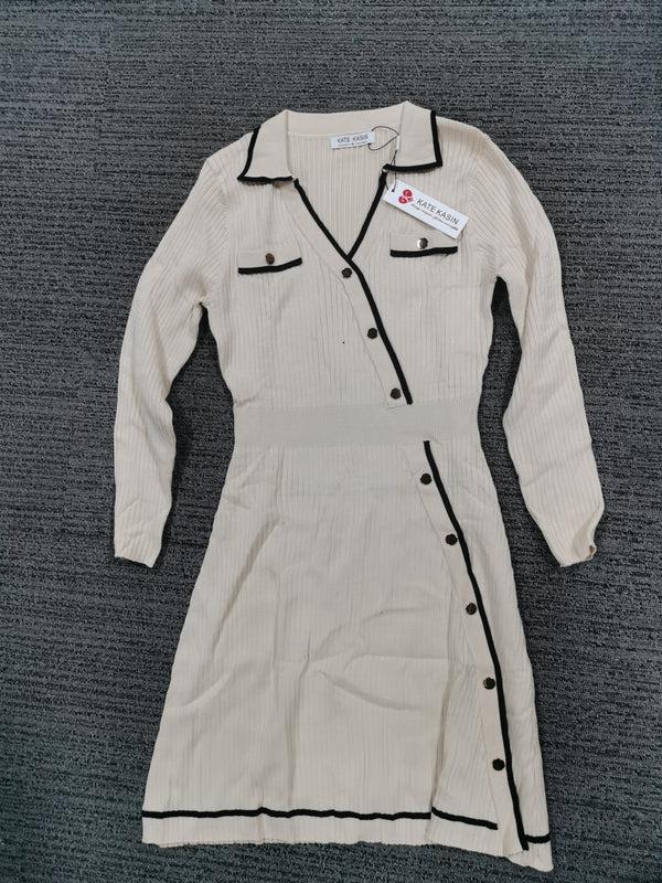 kate aspen Kate Kasin Women's Button Ribbed Knit Sweater Dress Long Sleeve V Neck Mini Dress