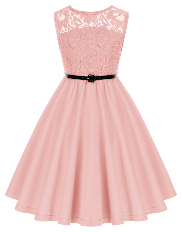 Kate Aspen Kids Vintage Lace Patchwork Dress With Belt Sleeveless Crew Neck A-Line Dress