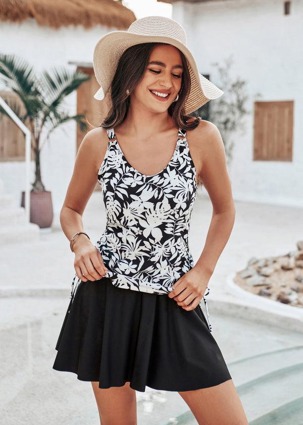 kate aspen KK Women 2pcs Set Swimsuit V-Neck Ruched Padded Swim Tops+Swim Skirt with Briefs