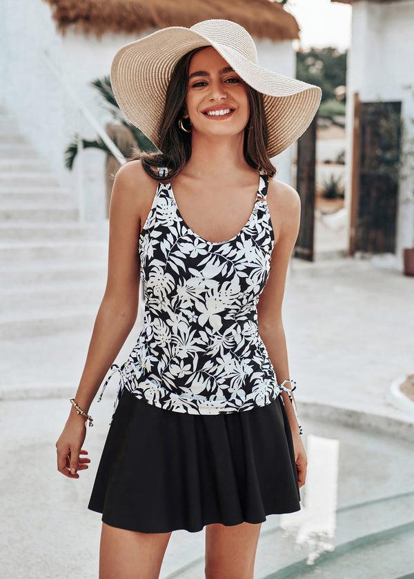 Kate Aspen KK Women 2pcs Set Swimsuit V-Neck Ruched Padded Swim Tops+Swim Skirt With Briefs