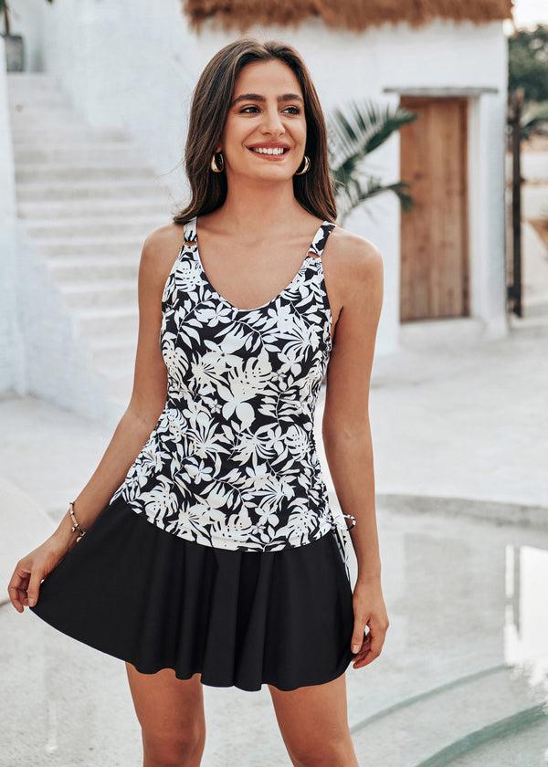 Kate Aspen KK Women 2pcs Set Swimsuit V-Neck Ruched Padded Swim Tops+Swim Skirt With Briefs