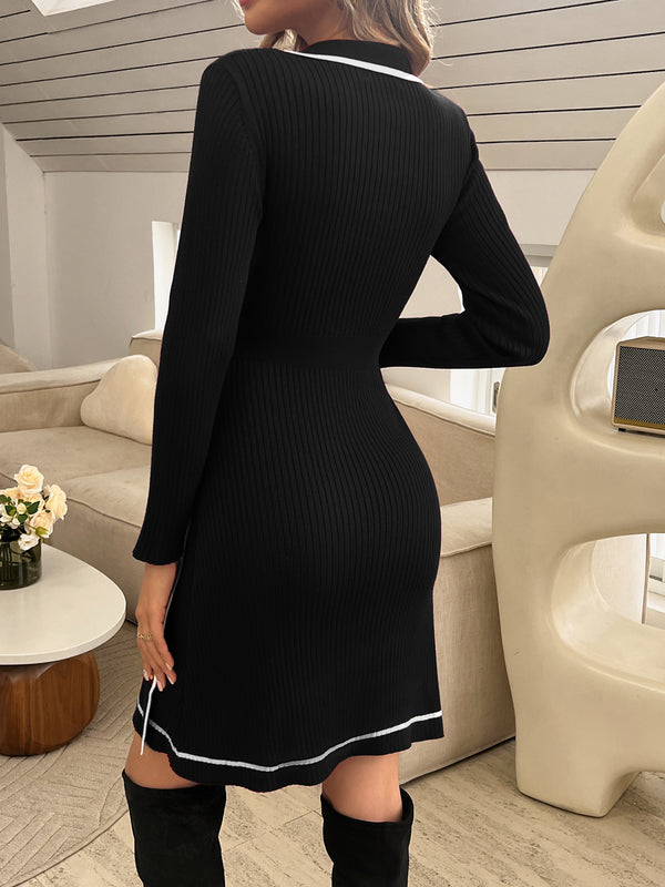 Kate Aspen KK Women Contrast Color Sweater Dress Lapel Collar V-Neck Knitted A-Line Dress