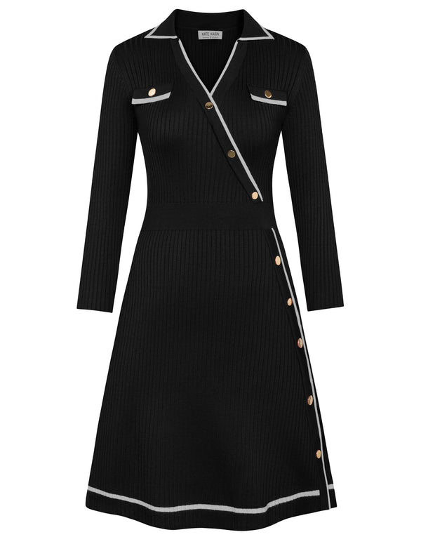 kate aspen KK Women Contrast Color Sweater Dress Lapel Collar V-Neck Knitted A-Line Dress