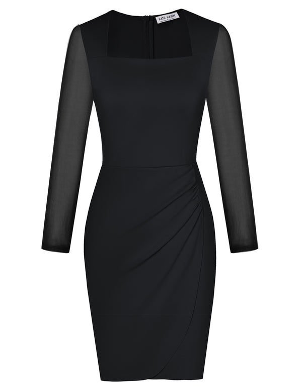 kate aspen KK Women Contrast Fabric Dress Long Sleeve Square Neck Mid-Thigh Bodycon Dress