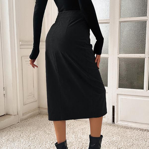 Kate Aspen KK Women Corduroy Skirt Elastic Waist Front Slit Mid-Calf Bodycon Skirt