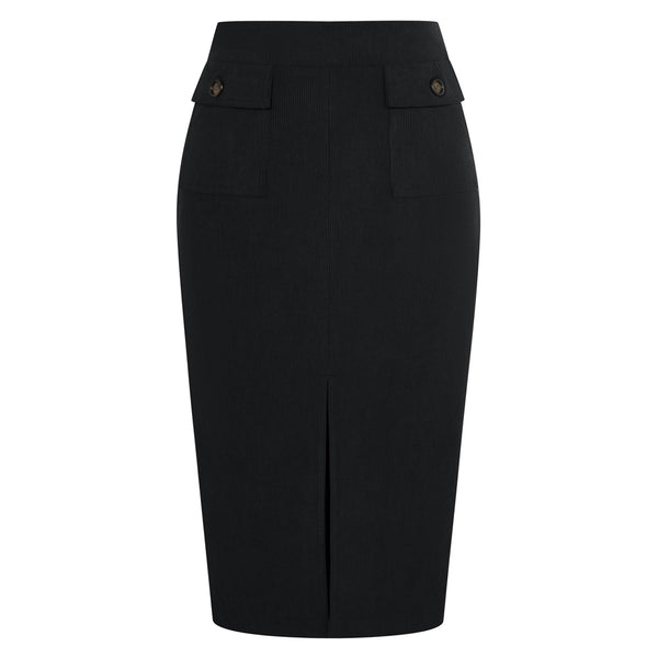 Kate Aspen KK Women Corduroy Skirt Elastic Waist Front Slit Mid-Calf Bodycon Skirt
