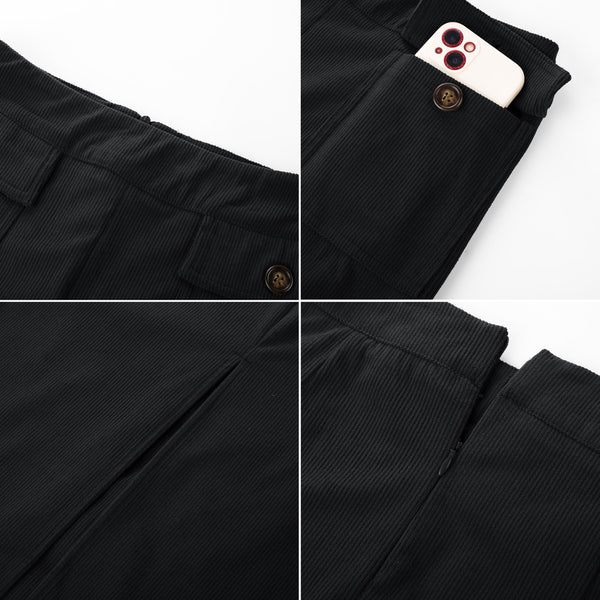 Kate Aspen KK Women Corduroy Skirt Elastic Waist Front Slit Mid-Calf Bodycon Skirt