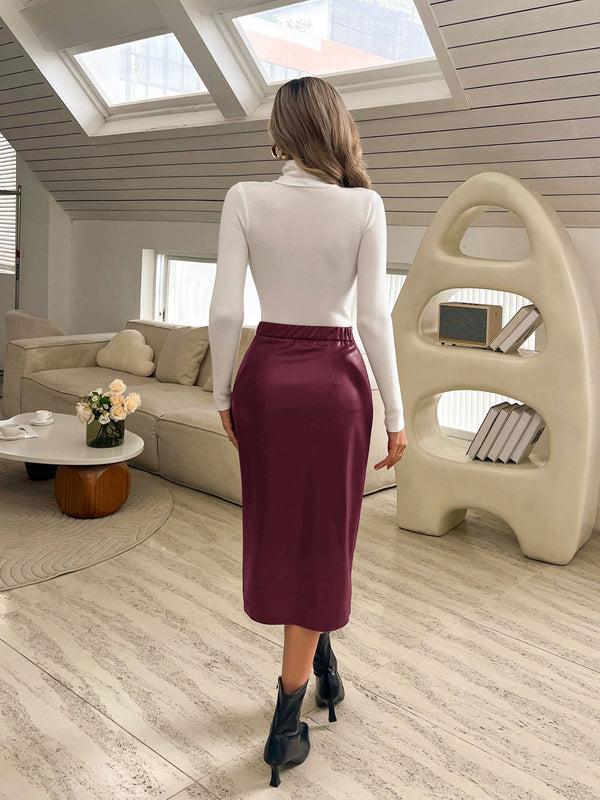 Kate Aspen KK Women Front Slit Polyurethane Leather Skirt Elastic Waist Ruched Skirt