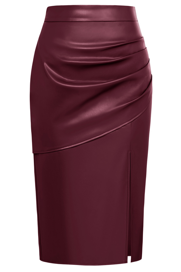kate aspen KK Women Front Slit Polyurethane Leather Skirt Elastic Waist Ruched Skirt