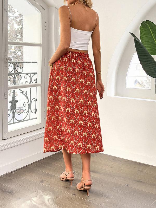 Kate Aspen KK Women Front Slit Swing Skirt Elastic High Waist Below Mid-Calf A-Line Skirt