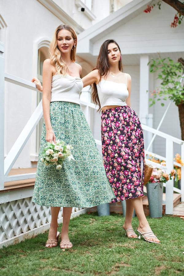 kate aspen KK Women Front Slit Swing Skirt Elastic High Waist Below Mid-Calf A-Line Skirt