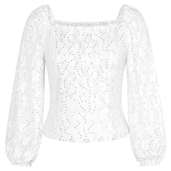kate aspen KK Women Lace Party Tops Long Sleeve Square Neck Cropped Pullover Tops