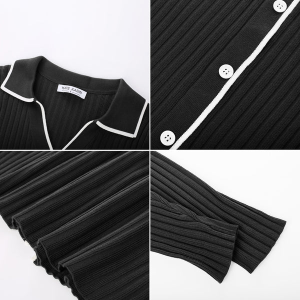 Kate Aspen KK Women Lapel Collar Sweater Dress Long Sleeve V-Neck Knitted Bodycon Dress