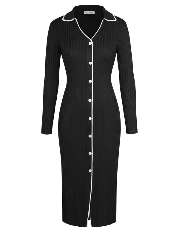 kate aspen KK Women Lapel Collar Sweater Dress Long Sleeve V-Neck Knitted Bodycon Dress
