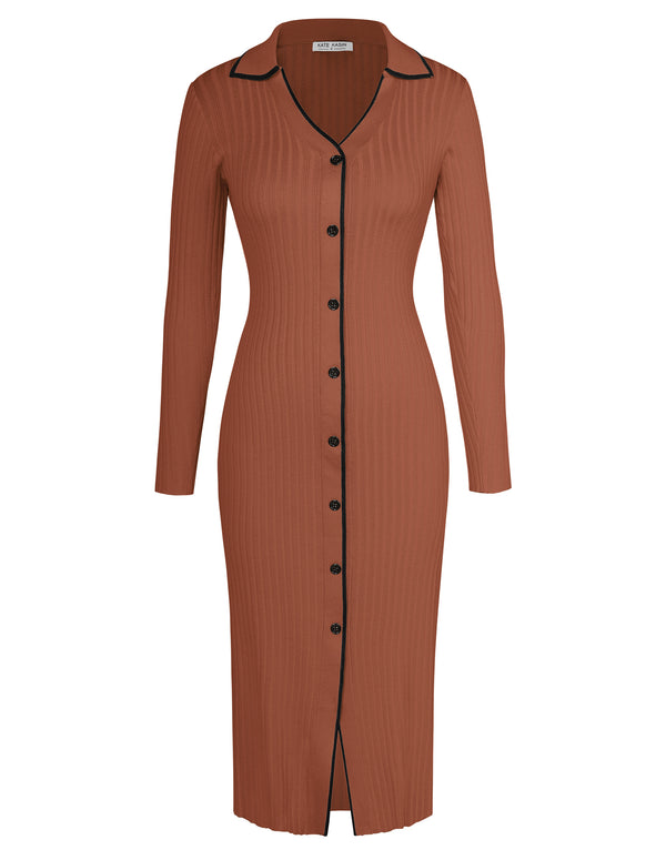 Kate Aspen KK Women Lapel Collar Sweater Dress Long Sleeve V-Neck Knitted Bodycon Dress