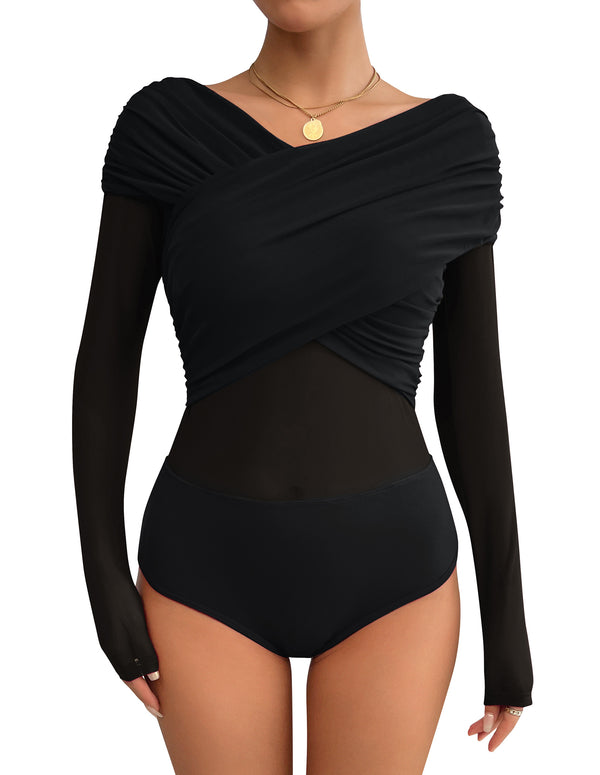 kate aspen KK Women Mesh Bodysuit Long Sleeve Surplice V-Neck Snap-Button Crotch Teddy