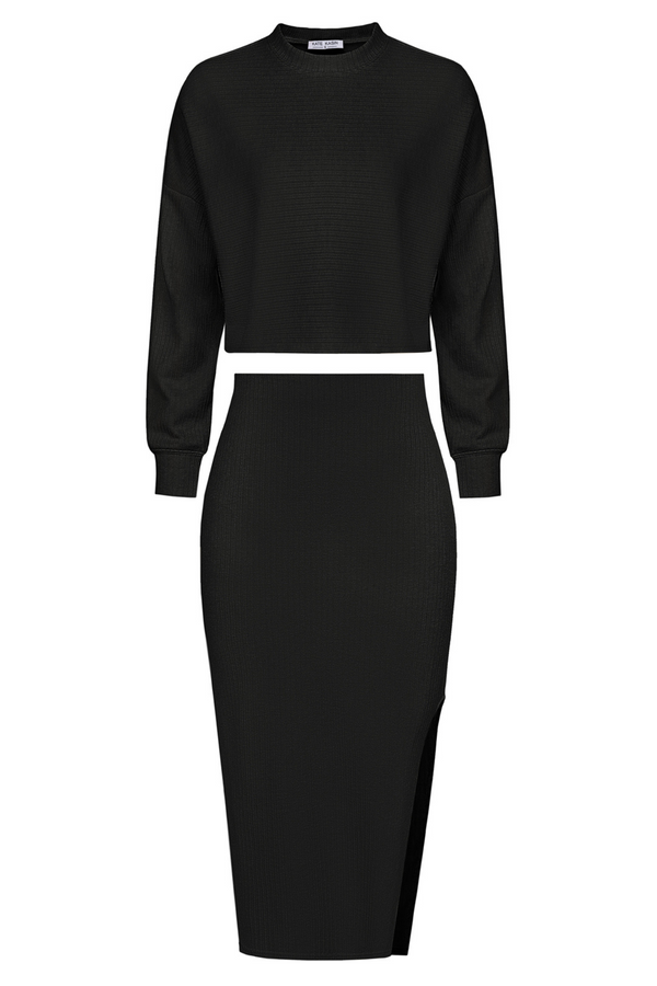 kate aspen KK Women Outfits Long Sleeve Dropped Shoulder Cropped Tops+Left Slit Skirt