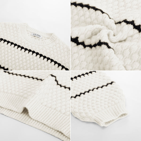 Kate Aspen KK Women Stripped Sweater Dropped Shoulder Crew Neck Pineapple Textured Pullover