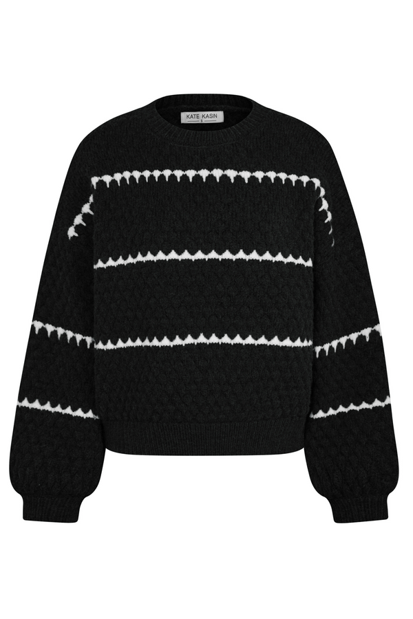 Kate Aspen KK Women Stripped Sweater Dropped Shoulder Crew Neck Pineapple Textured Pullover