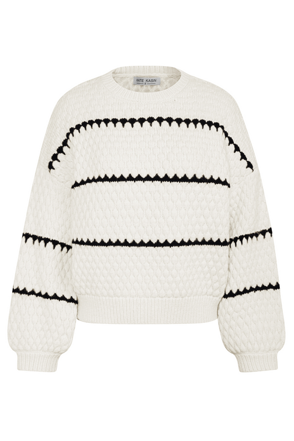 kate aspen KK Women Stripped Sweater Dropped Shoulder Crew Neck Pineapple Textured Pullover