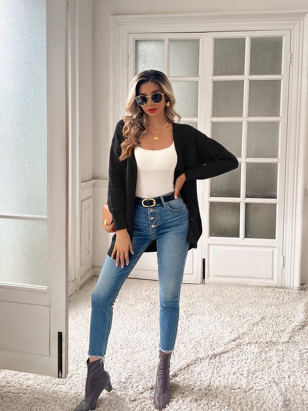 Kate Aspen KK Women Textured Cardigan Dropped Shoulder V-Neck Button-up Sweater Knitwear