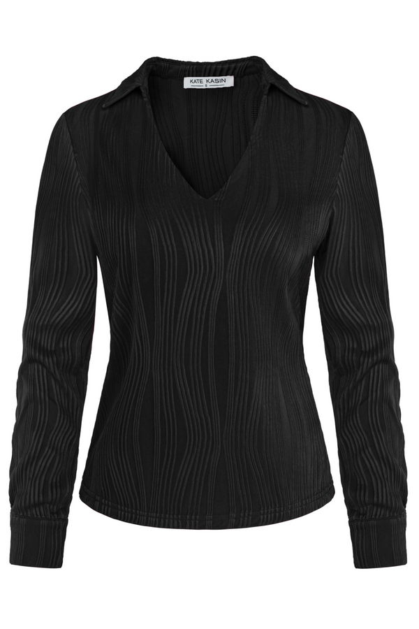 kate aspen KK Women Textured Tops Casual Long Sleeve Lapel Collar V-Neck Polo-Shirt
