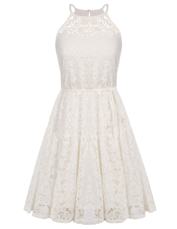 Kate Aspen Lace Mini Halterneck Keyhole Back Elastic Waist A-Line Dress