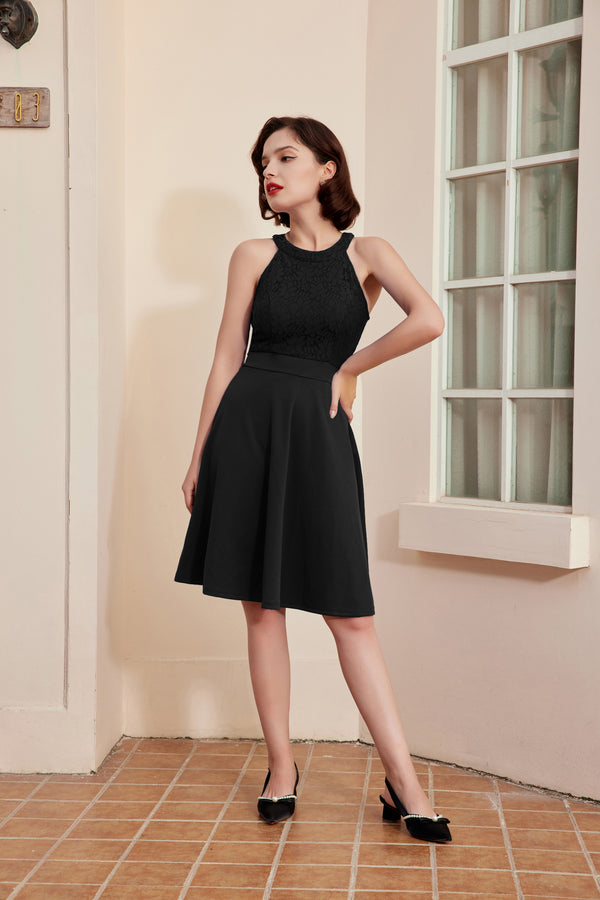 Kate Aspen Lace Overlay Dress Cut-out Shoulder Crew Neck Defined Waist Dress