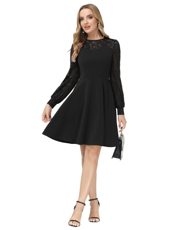 Kate Aspen Lace Patchwork Dress Long Sleeve Crew Neck Flared A-Line Dress