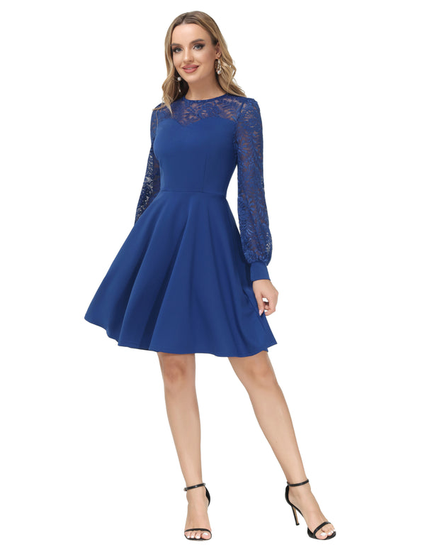 kate aspen Lace Patchwork Dress Long Sleeve Crew Neck Flared A-Line Dress