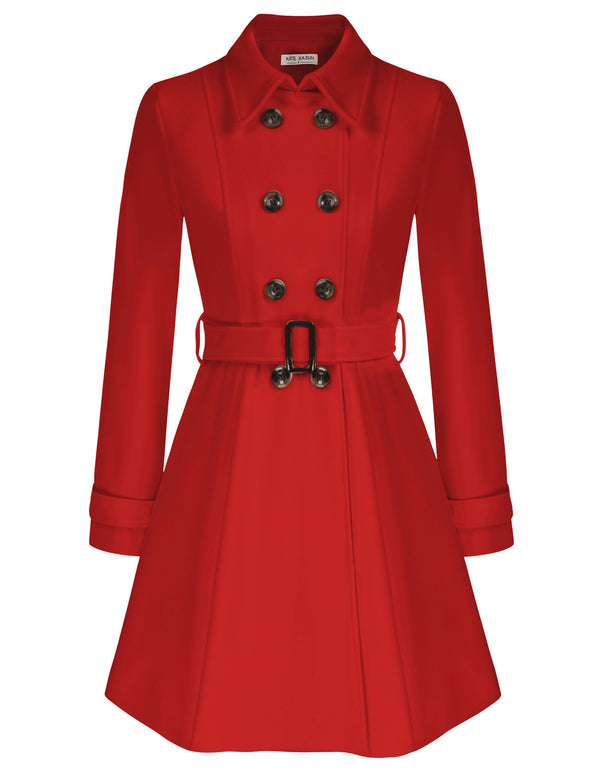 Kate Aspen Lapel Collar Peacoat With Belt Above Knee Double Breasted Overcoat