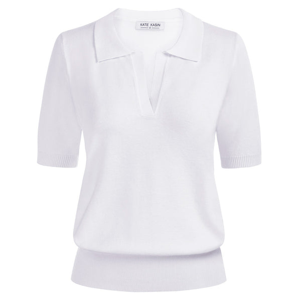 Kate Aspen Lapel Collar Sweater Loose Fit Short Sleeve Ribbed Hem Knitted Tops