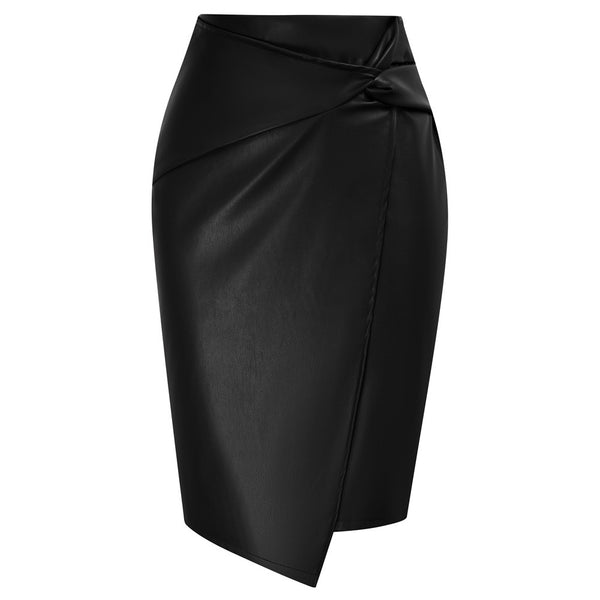 Kate Aspen PU Leather Pencil Skirt Knee Length Knot-Front Hips-Wrapped Skirt