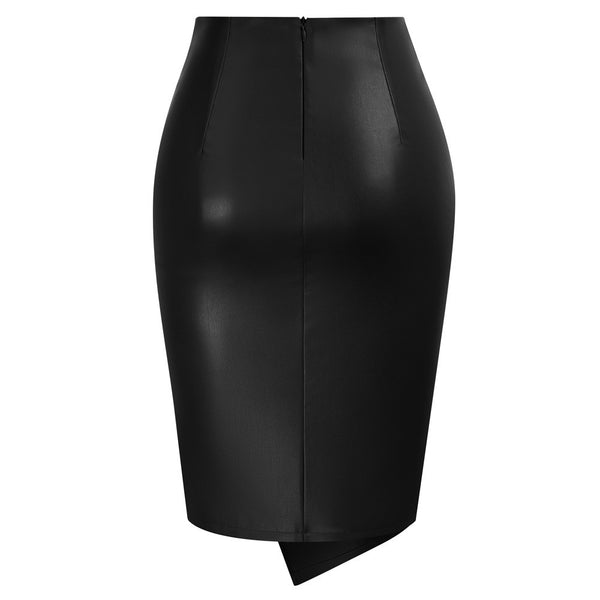 Kate Aspen PU Leather Pencil Skirt Knee Length Knot-Front Hips-Wrapped Skirt