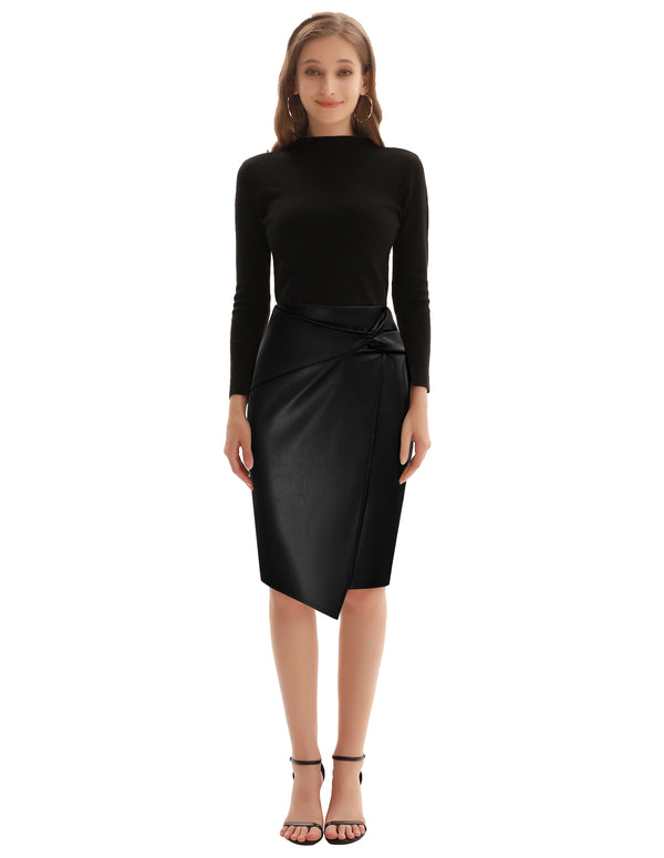 kate aspen PU Leather Pencil Skirt Knee Length Knot-Front Hips-Wrapped Skirt