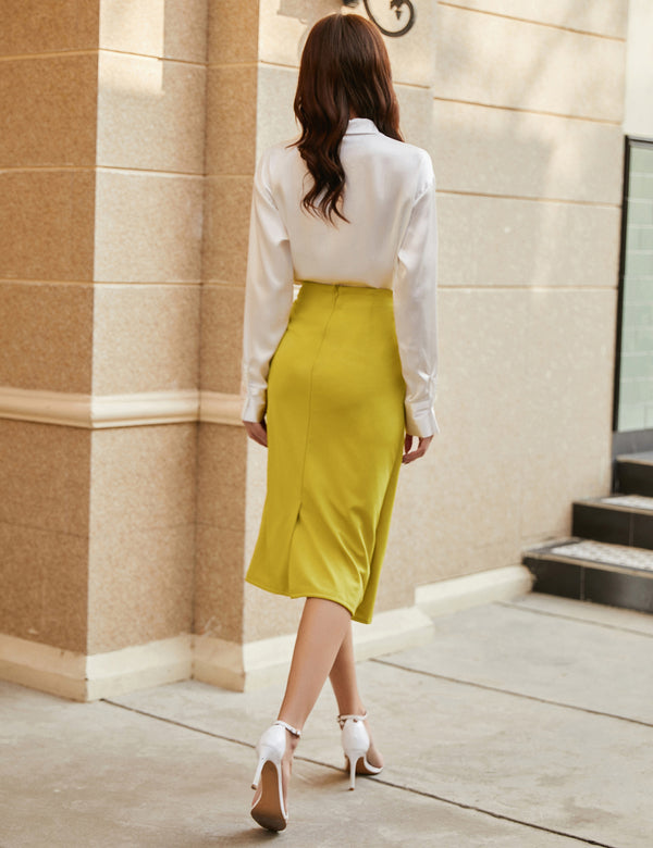 Kate Aspen Ruched Front Skirt High Waist Back Slit Mid-Calf A-Line Skirt