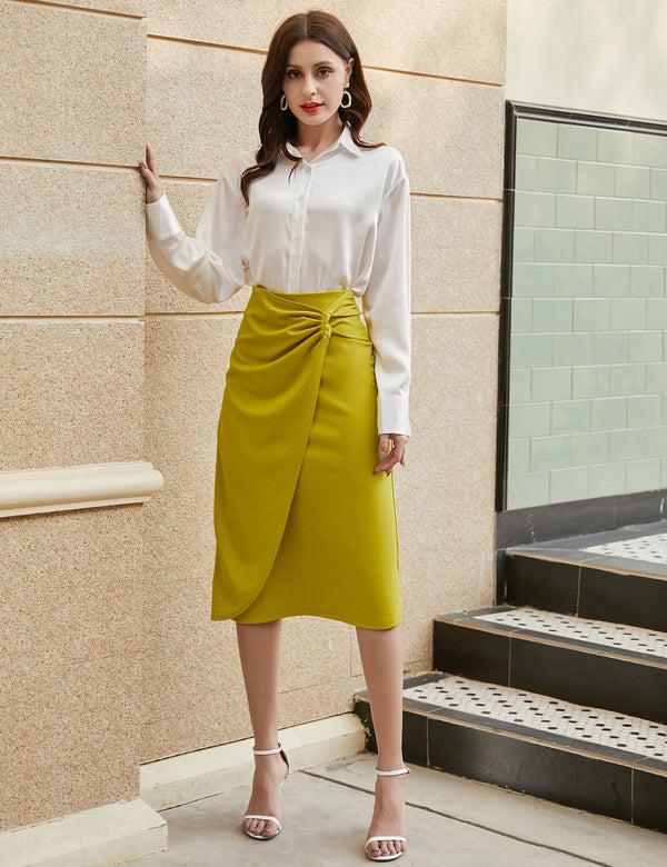 kate aspen Ruched Front Skirt High Waist Back Slit Mid-Calf A-Line Skirt