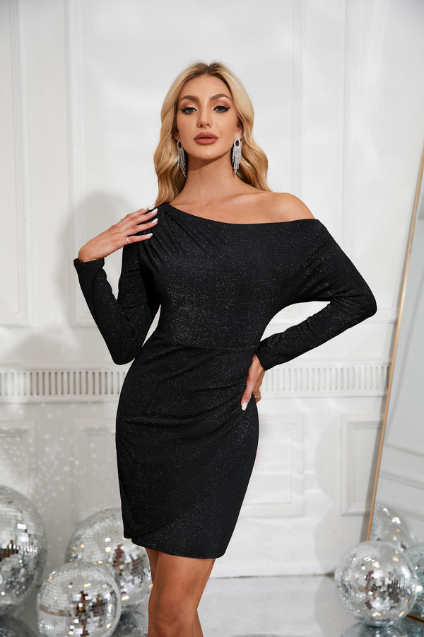 Kate Aspen Ruched Party Dress Long Sleeve Oblique Neck Bodycon Dress