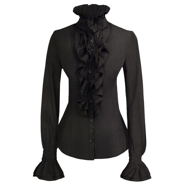 Kate Aspen Ruffles Decorated Shirt Tops Medieval Long Sleeve Stand Collar