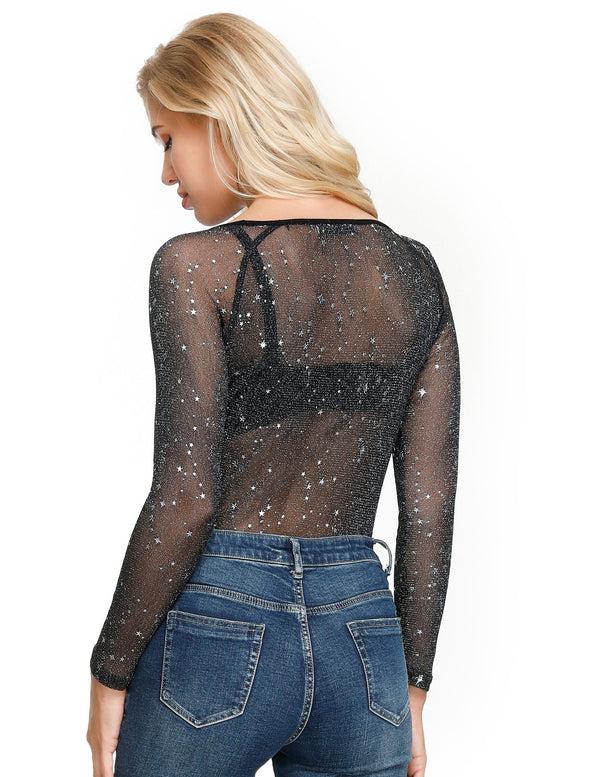 Kate Aspen See-Through Mesh Tops Long Raglan Sleeve Stars Pattern