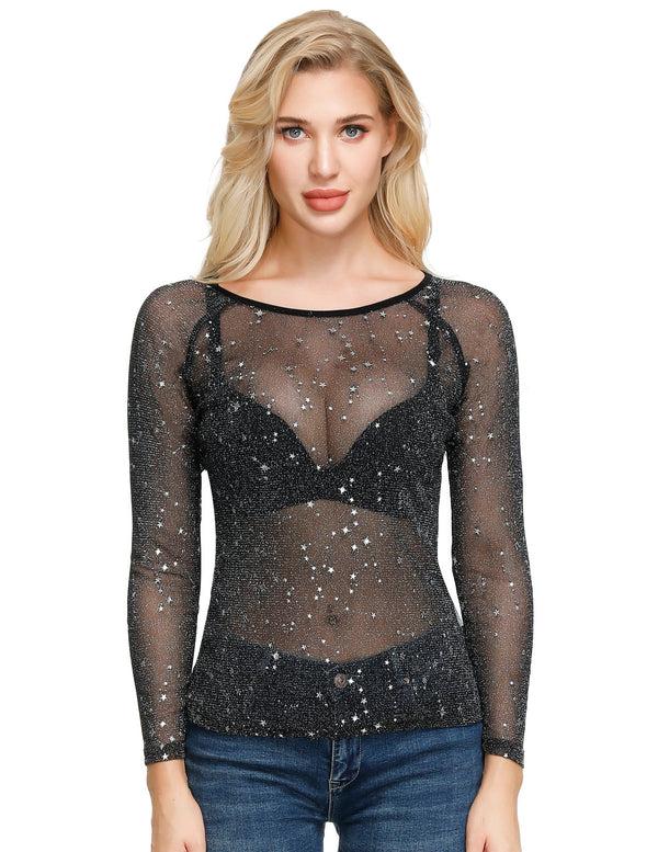 kate aspen See-Through Mesh Tops Long Raglan Sleeve Stars Pattern